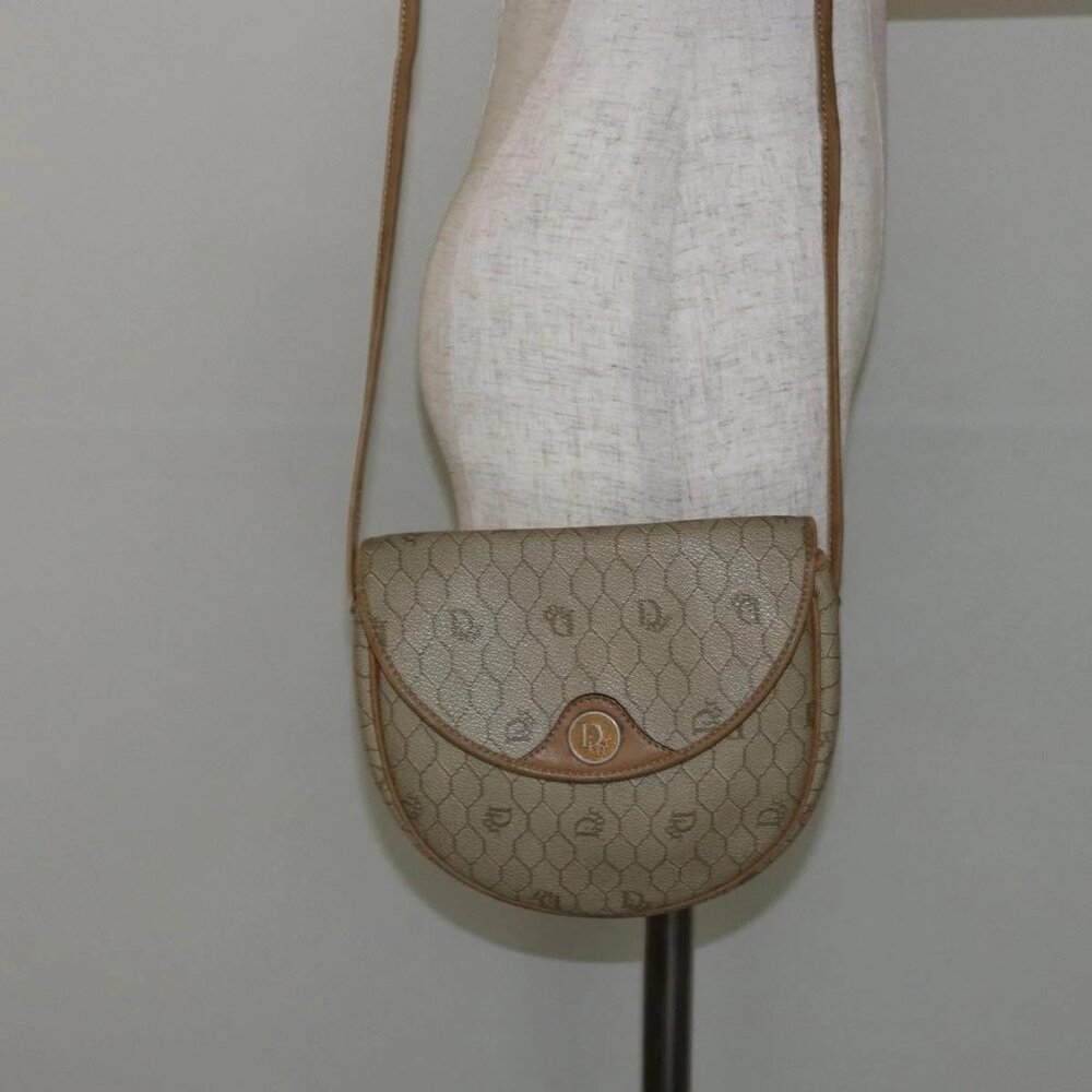 Christian Dior Honeycomb Canvas Shoulder Bag PVC Beige Auth